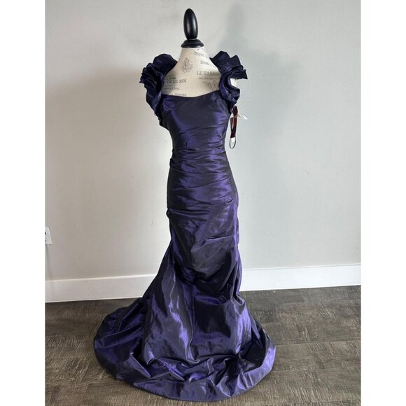 Teri Jon Rickie Freeman Women’s 100% Silk Gown Ruffle Train Dress Purple Size 4 - Picture 2 of 10